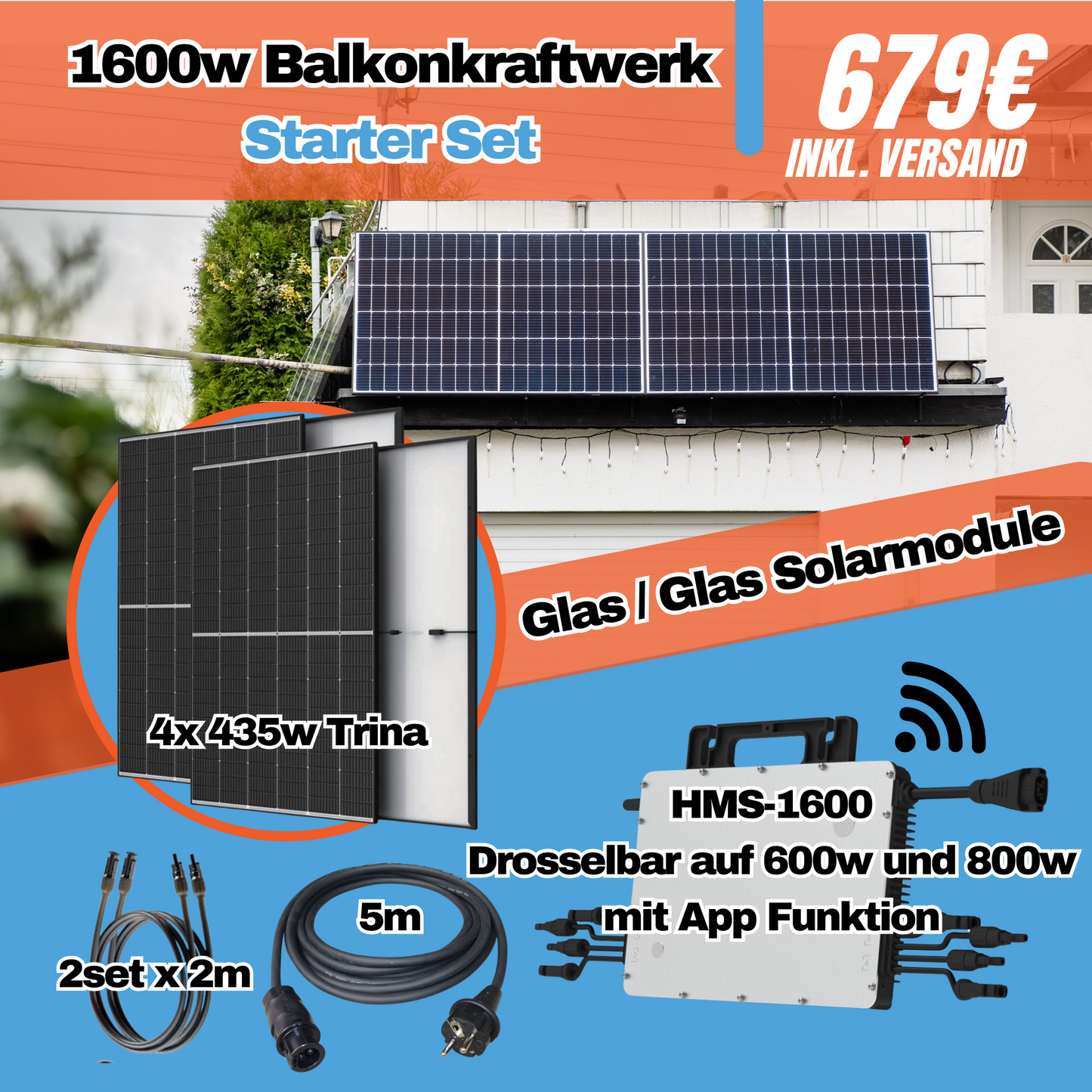 Balkonkraftwerk 1600w/1740w WiFi SOLAR ANLAGE Trina Glas/Glas